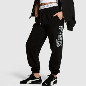 PINK Victoria's Secret Fleece Campus Pure Black Spring Sweatpants XXL NWT